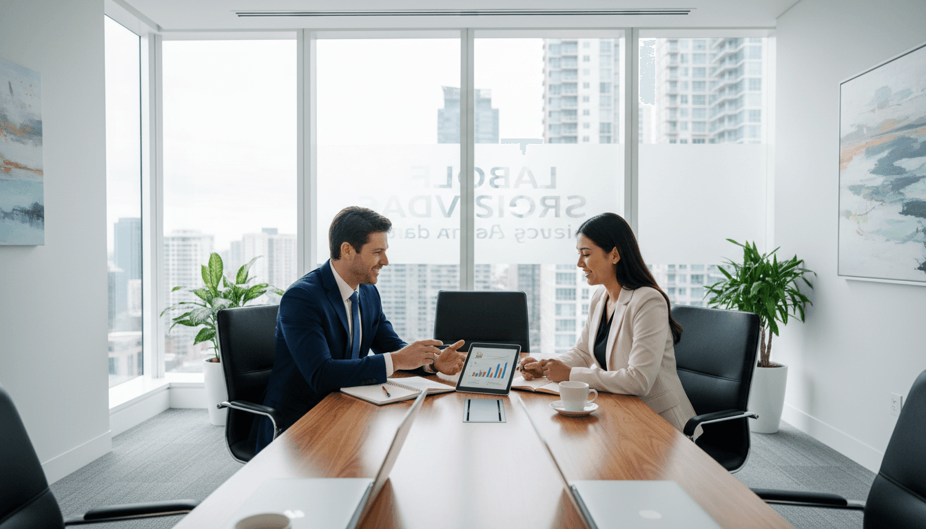 Business consultant reviewing growth strategy documents with a client in a modern office