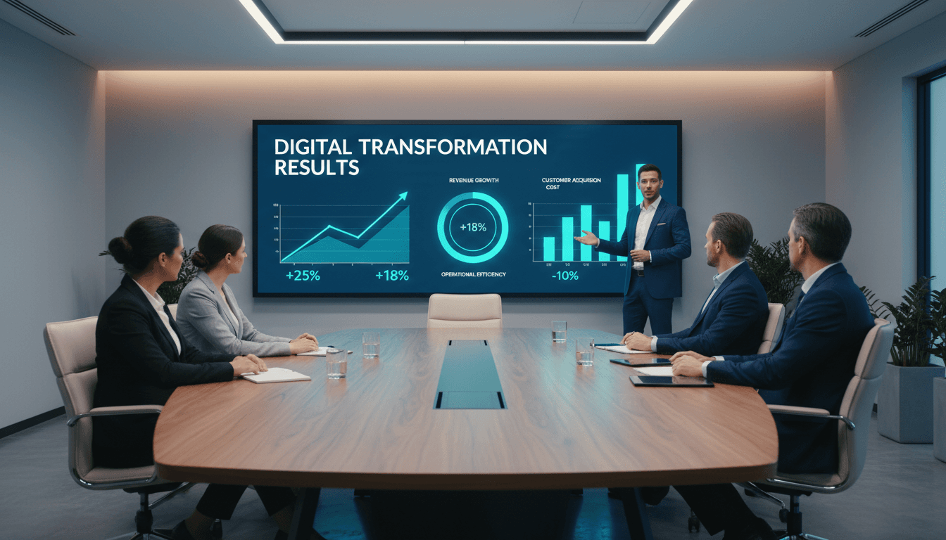 Confident business consultant presenting growth charts to a small business owner in a modern meeting room